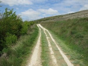 Schmaler Doppelweg durch Hügel – typischer Camino Frances Teil 1