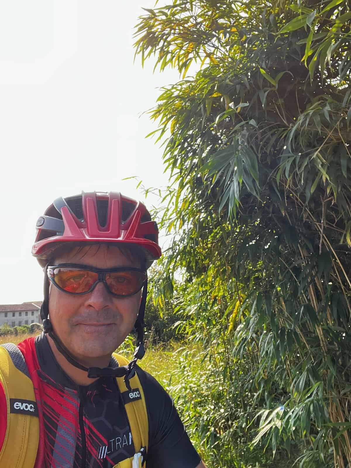 Radfahrer im Schatten mediterraner Vegetation nahe Udine, Alpe Adria Radreise Italien